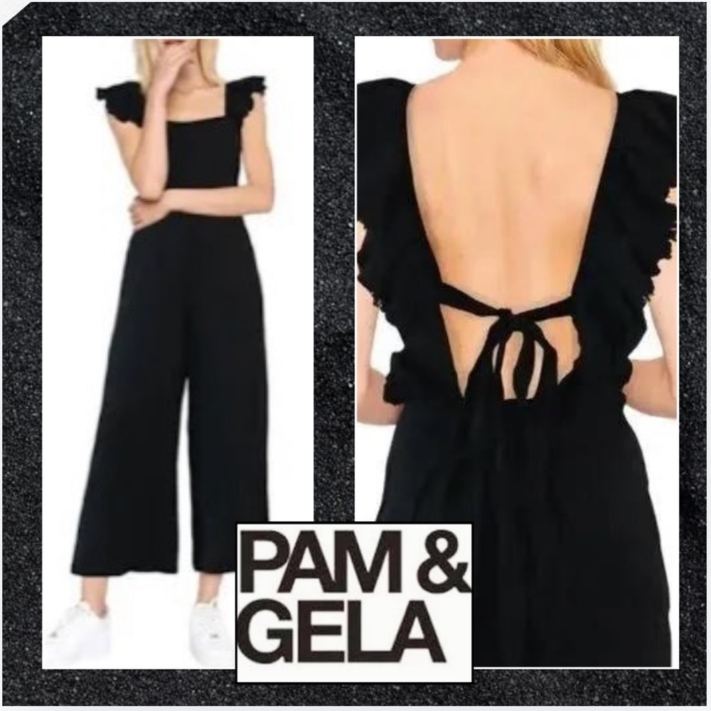 Pam & Gela,(MSRP $300) Black, Fringe Square-NeckJumpsuit, POCKETS, EUC, Size SP